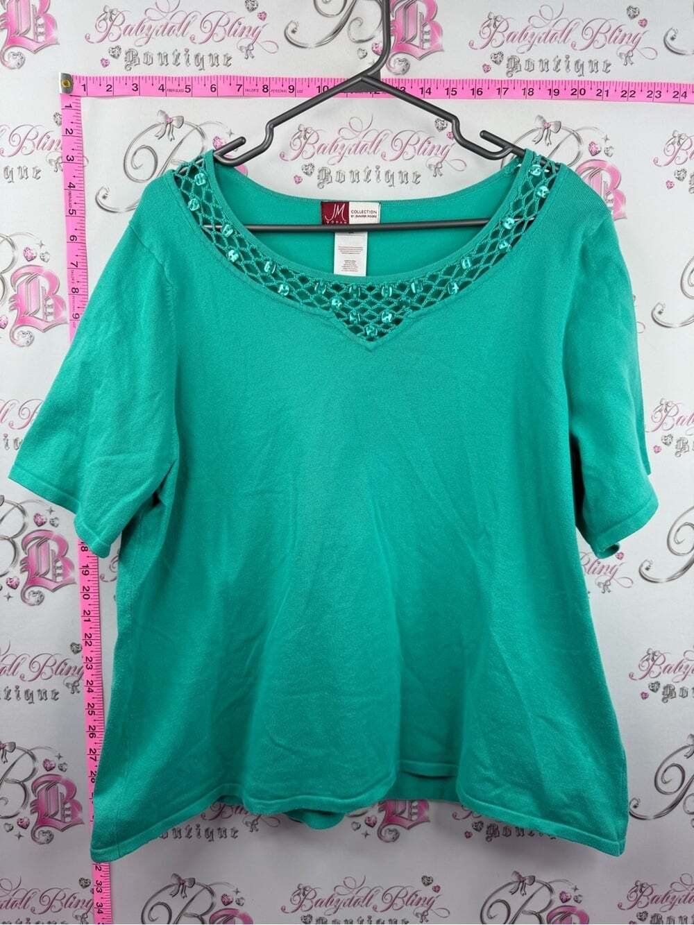 Jennifer Moore shirt beaded Teal Short Sleeve Top with Crochet-Trim Neckline
